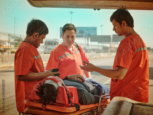 Rescue workers loading car accident victim into back  ambulance