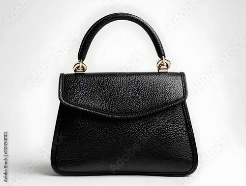 Luxury Black Leather Handbag Placed on White Background Fashionable Accessory Minimalist Design