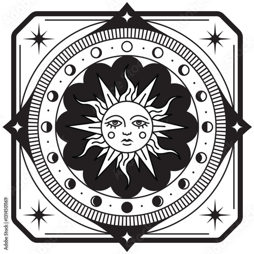 Boho style sun and lunar cycle isolated illustration. Astrological isolated symbol for T-shirt print. Vintage sun with face and moon calendar black and white clipart