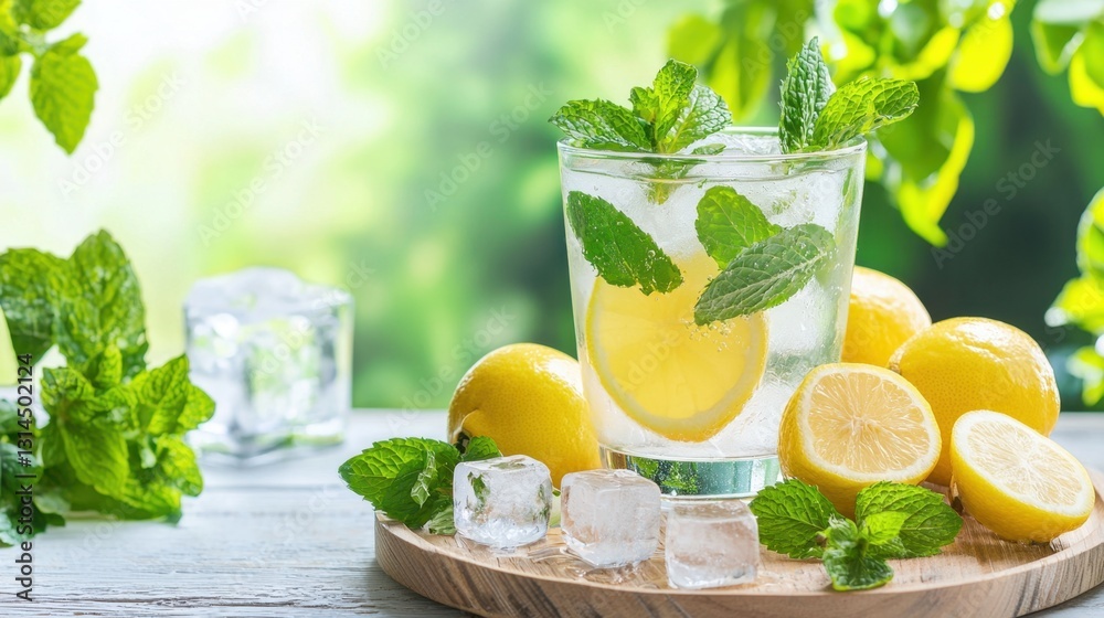 Fototapeta premium Refreshing lemonade with mint leaves and ice cubes on a sunny day