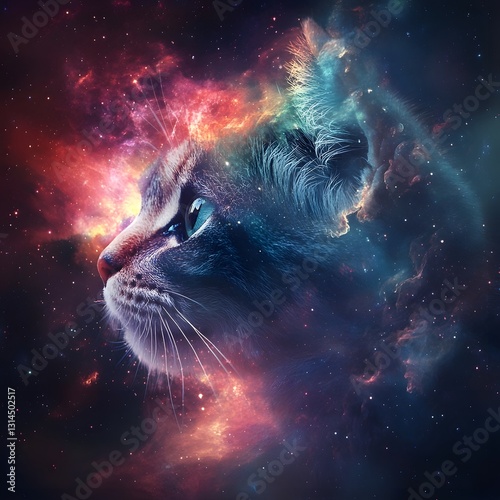 Cosmic Feline A Surreal Portrait of a Cat Blended with the Galactic Splendor photo