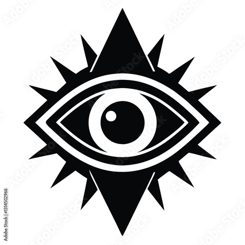 Eye symbol, geometric design, black and white, sharp contrast, stylized, mystical, all-seeing eye, triangular shape, spiky rays, occult imagery, minimalist, iconic, 