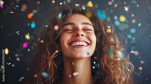 Joyful Young Woman with Curly Brown Hair Surrounded by Colorful Confetti Against a Dark Background