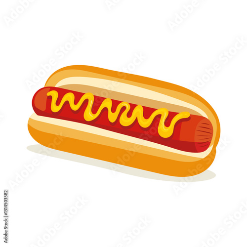 Classic hot dog with mustard on a soft roll  vector illustration, isolated transparent background.