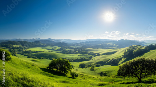 Green Hills and Valley Under Bright Sun