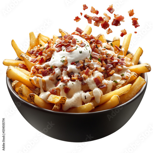 A Bowl of Fries with Bacon and Cheese Isolated on Transparent Background