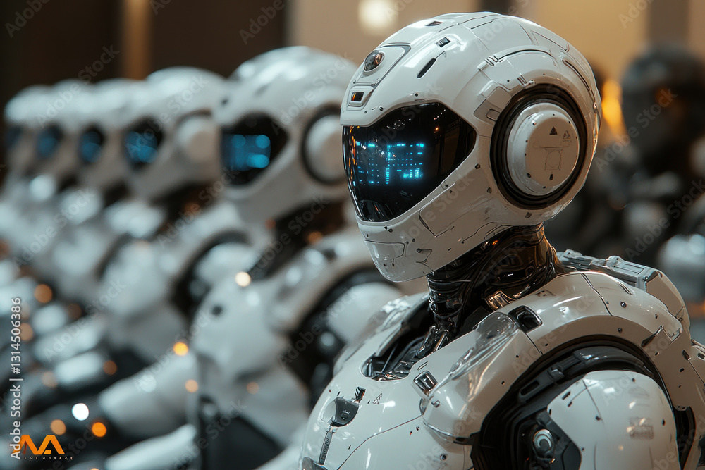 Fototapeta premium Futuristic robots with white armored bodies, standing in a strict line