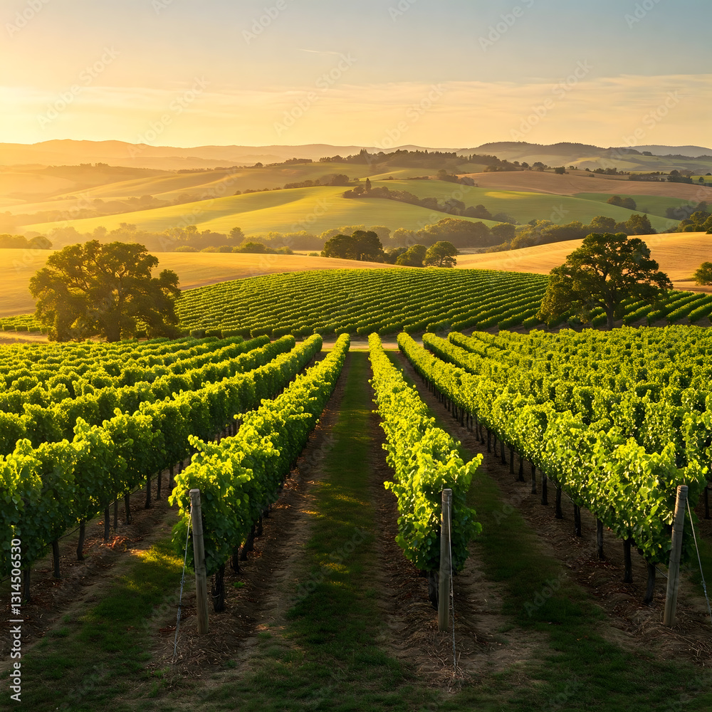 Fototapeta premium Lush vineyard rows extend into the distance, green vines, rolling hills beyond, tranquil agricultural landscape under a soft sky