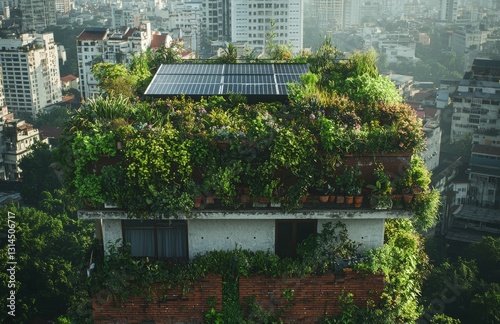 A modern residential building in the city has been designed with sustainability in mind, featuring rooftop solar panels, a green roof, and eco-friendly technology, making it an exemplary model of