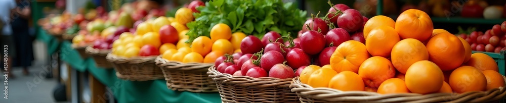 Colorful fruits and vegetables displayed in baskets at a local market, variety, market