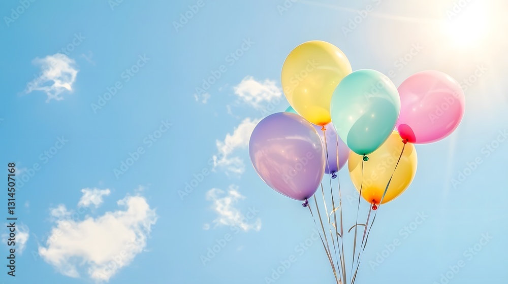 Vibrant Colorful Balloons Floating in Bright Pastel Sky with Warm Sunlight Glow Vibrant Colorful Balloons Floating in Bright Pastel Sky with Warm Sunlight Glow