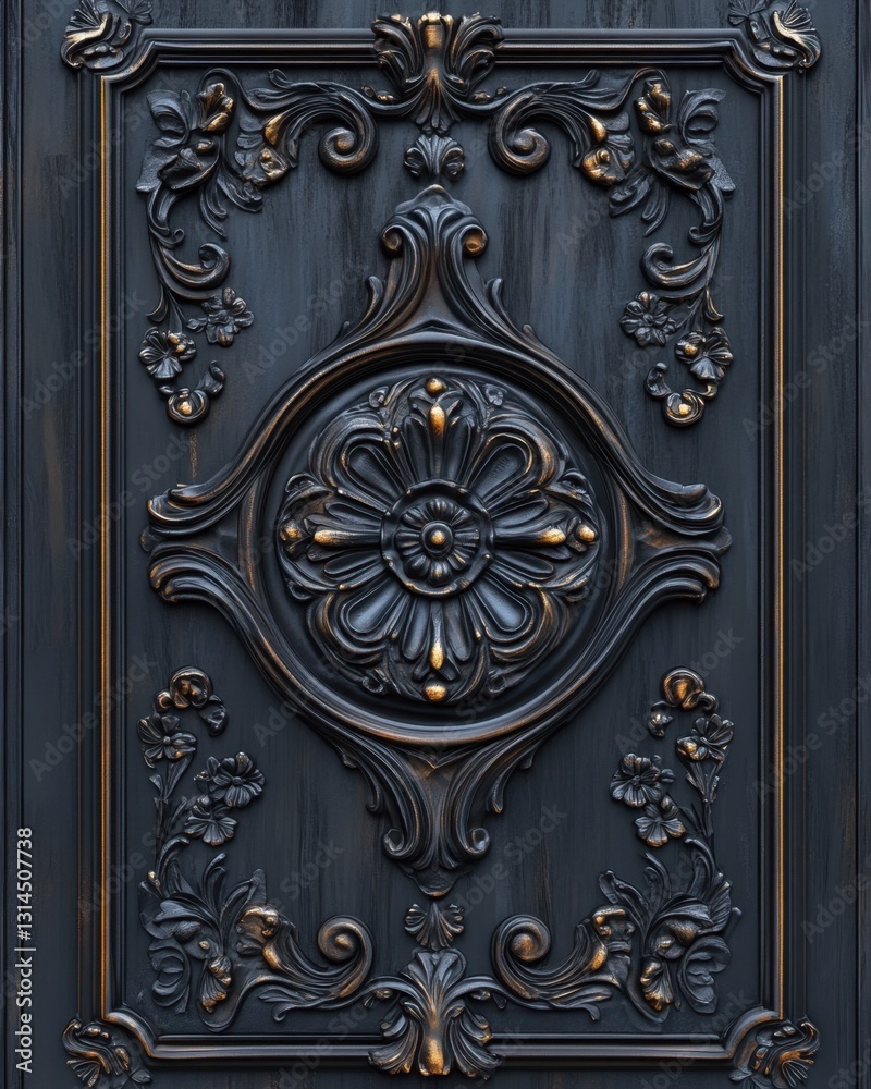 Intricate Dark Metalwork Door Panel with Floral Ornaments and Golden Accents Detailed Close Up View Intricate Dark Metalwork Door Panel with Floral Ornaments and Golden Accents Detailed Close Up View