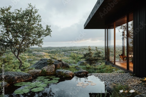 A stunningly detailed three-dimensional representation of a contemporary environmentally sustainable house containing solely non-toxic items