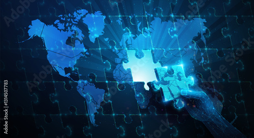 Lowpoly Hand Resolve Middle East Crisis World Map Puzzle. Abstract geometric illustration on geopolitical synergy partnership, global crisis management concept by wireframe mesh on blue background