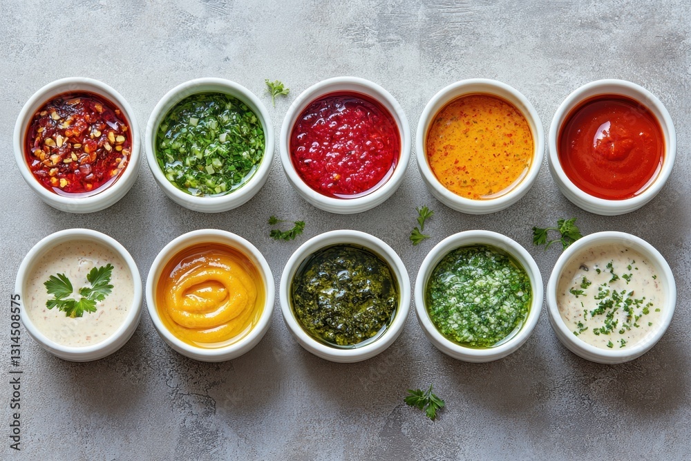 Assortment of vibrant gourmet sauces in bowls on a gray surface offering a culinary delight and visual appeal for food photography enthusiasts and sauce connoisseurs Assortment of vibrant gourmet sauces in bowls on a gray surface offering a culinary delight and visual appeal for food photography enthusiasts and sauce connoisseurs