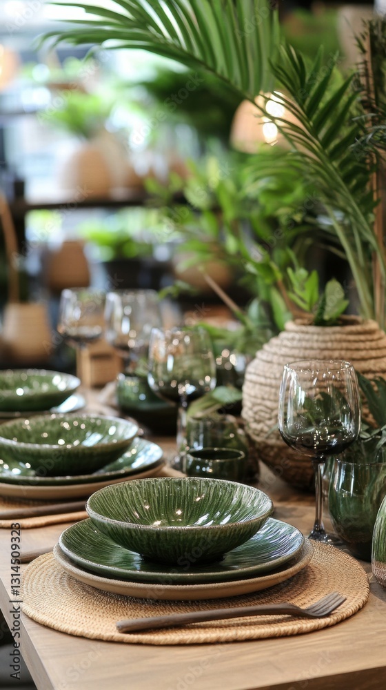 Fototapeta premium Elegant Table Setting with Green Ceramic Dinnerware and Tropical Palm Leaves for a Stylish Dining Experience