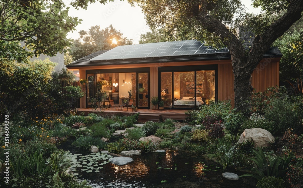 An environmentally conscious dwelling, the home is equipped with solar panels on its roof, energy-efficient windows, and a beautiful expanse of lush greenery An environmentally conscious dwelling, the home is equipped with solar panels on its roof, energy-efficient windows, and a beautiful expanse of lush greenery
