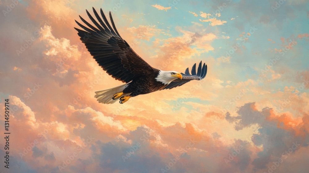 Obraz premium Majestic Eagle Soaring in a Colorful Sky