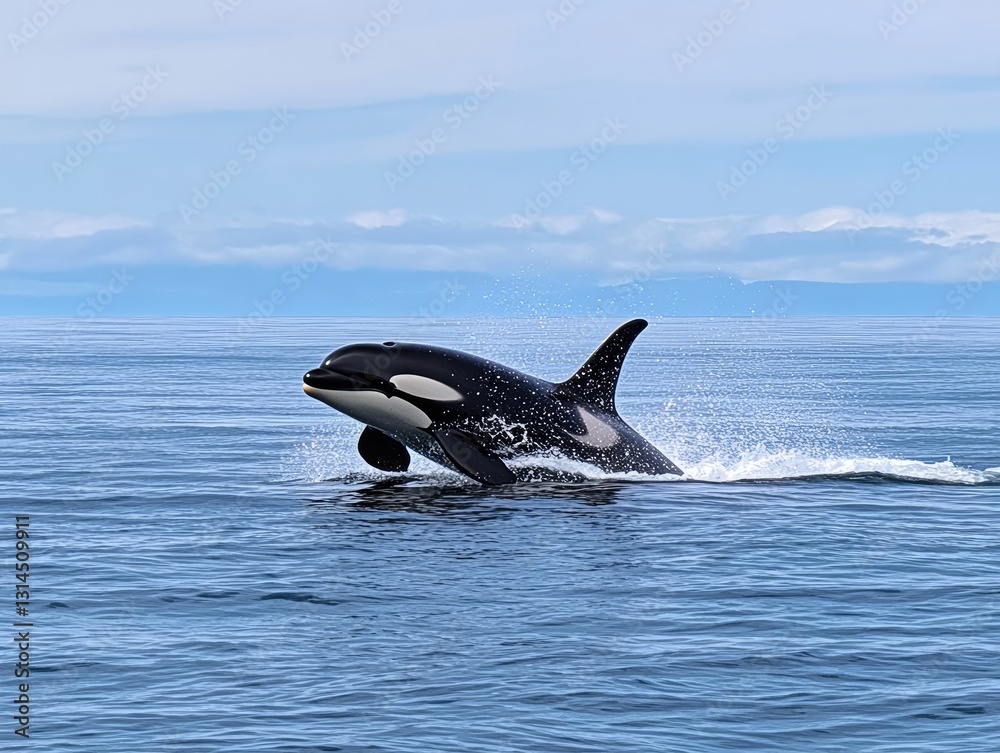 Naklejka premium Orca leaping in open ocean, misty mountains in background. Possible use nature, wildlife