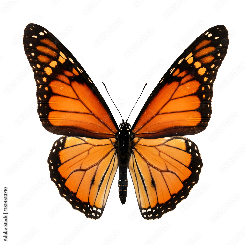 Obraz premium A detailed photograph of a monarch butterfly with spread wings, captured against a clean white background