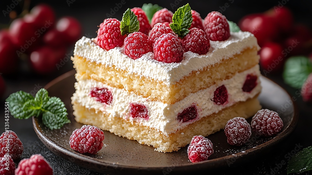 Delicious raspberry cake topped with fresh berries and mint leaves on a dark background. Delicious raspberry cake topped with fresh berries and mint leaves on a dark background.