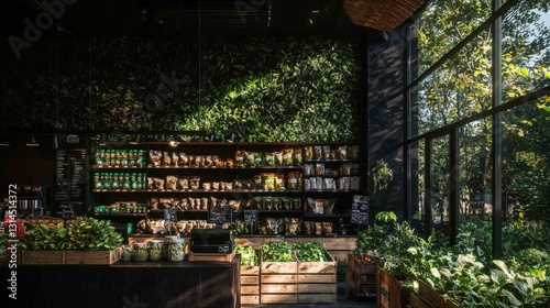 A store interior that is clean, featuring bulk food products created with 3D rendering and an eco-friendly design