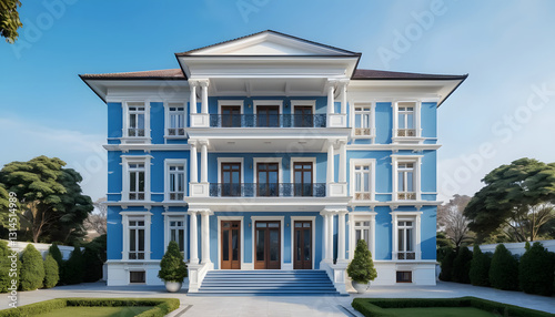A close up of a large blue building with a lot of windows