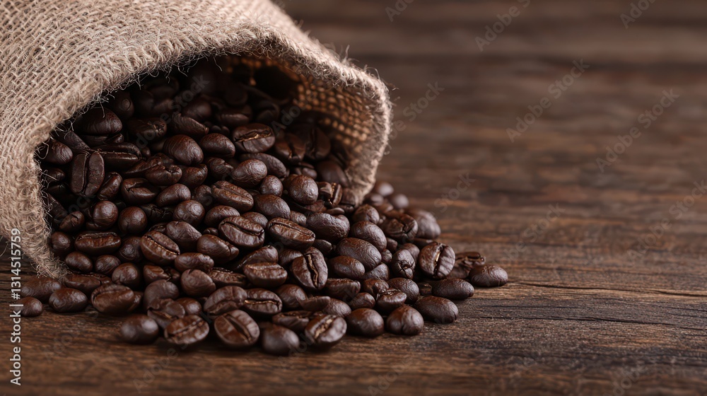 Fototapeta premium Freshly roasted coffee beans spilling from a burlap sack