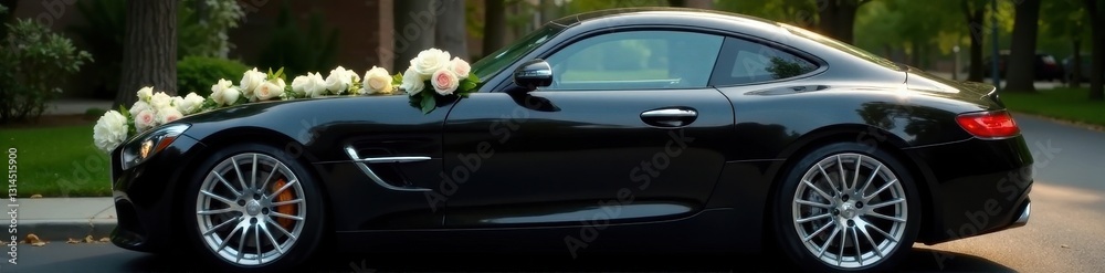 Sleek black car adorned with white roses and a bridal bouquet , car, photography Sleek black car adorned with white roses and a bridal bouquet , car, photography