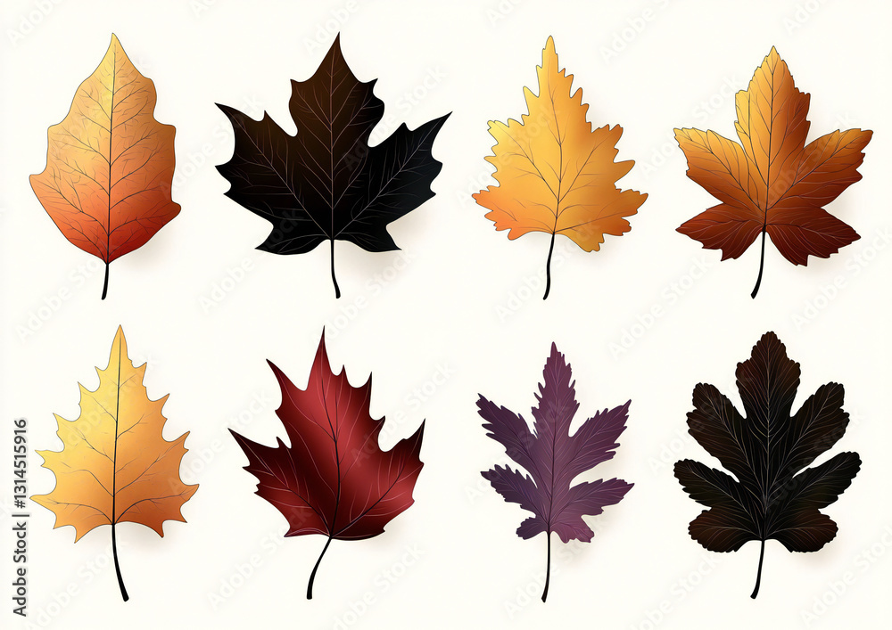 Autumn Leaf Silhouette Set in Bold Vectors for Use on Food Packaging, Gift Wrapping, and Design Elements with Golden Accents and Warm Color Tones Autumn Leaf Silhouette Set in Bold Vectors for Use on Food Packaging, Gift Wrapping, and Design Elements with Golden Accents and Warm Color Tones