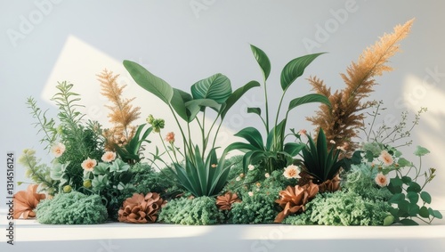Vibrant Green and Beige Floral Arrangement with Lush Foliage Against White Background