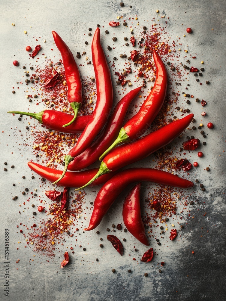 Vivid display of fresh red chili peppers with colorful spice blend on a textured grey surface creating a spicy and vibrant culinary scene Vivid display of fresh red chili peppers with colorful spice blend on a textured grey surface creating a spicy and vibrant culinary scene