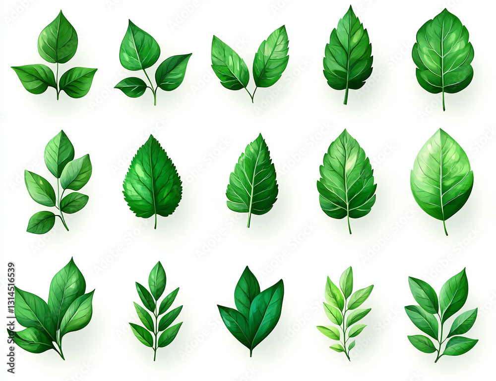 Vibrant Green Leaf Icons Set: Perfect for Eco-Friendly Design, Environmental Projects, and Nature-Themed Products
