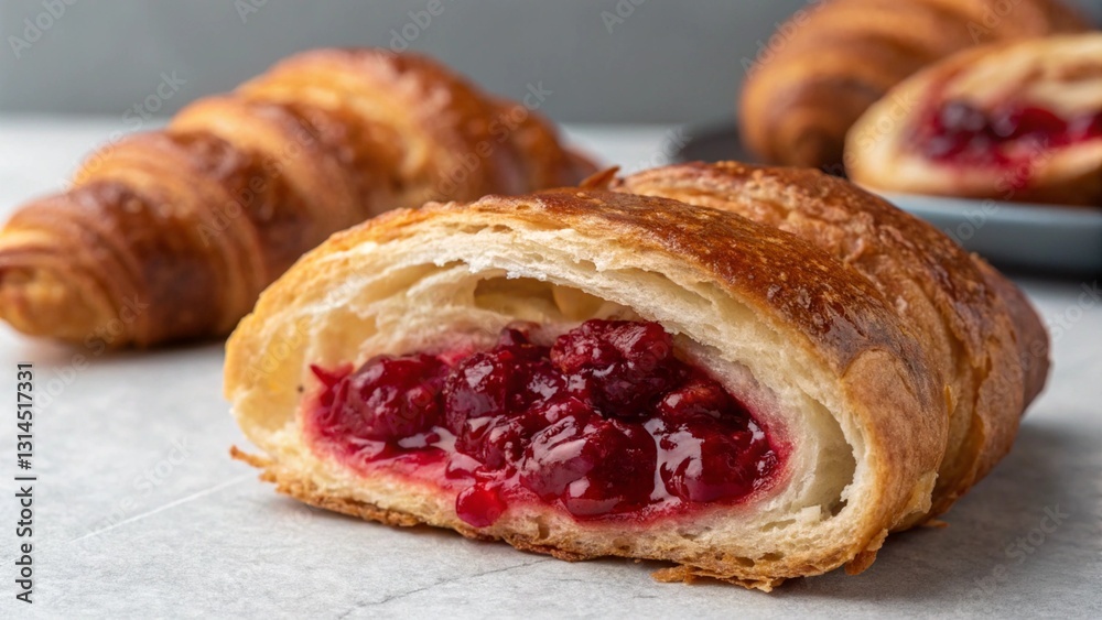Croissant Delight: Close-up image of freshly baked croissants, one sliced to reveal a luscious red berry filling, the flaky texture and golden crust creating a mouthwatering visual.