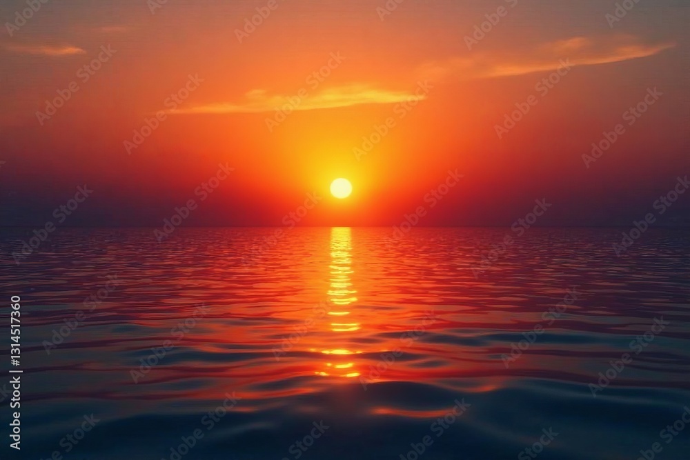 Fototapeta premium Serene orange sunset over calm sea with colorful reflection on water, horizon, reflection, sunset