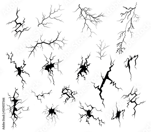 A diverse array of vector illustrations showcases intricate cracks and lightning patterns. Each design features sharp lines and contrasting shapes, ideal for creative projects.