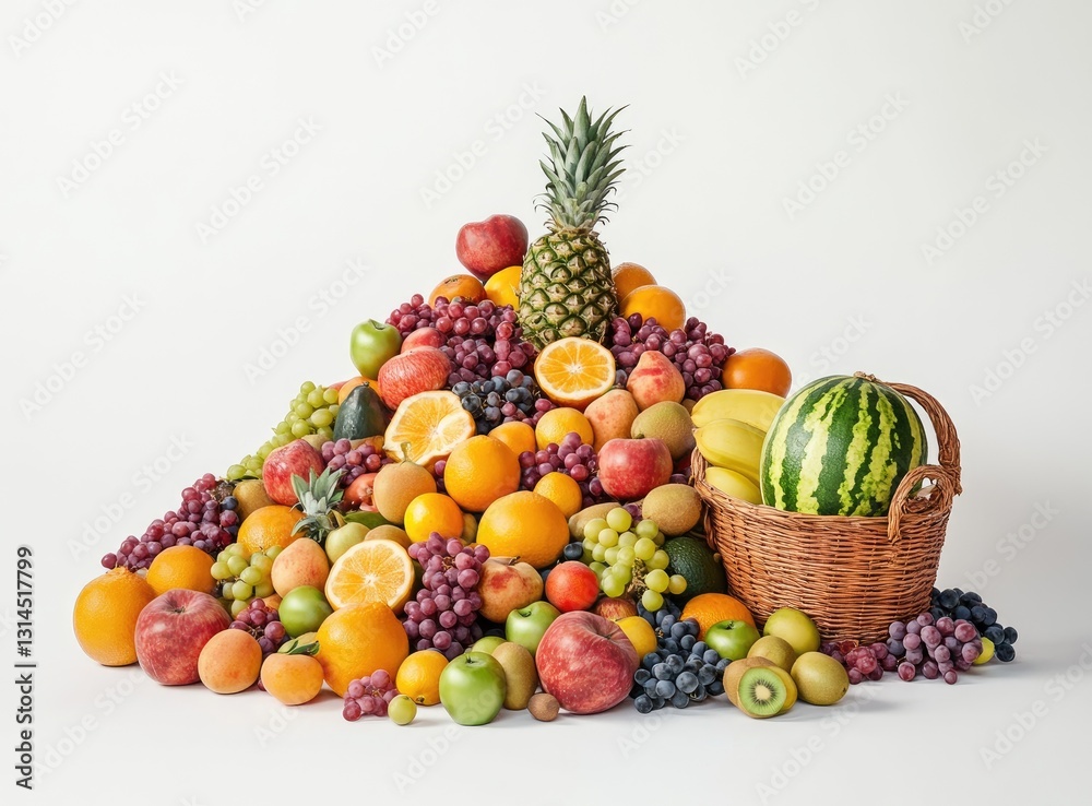 Colorful fruit pile in wicker basket on white background Colorful fruit pile in wicker basket on white background