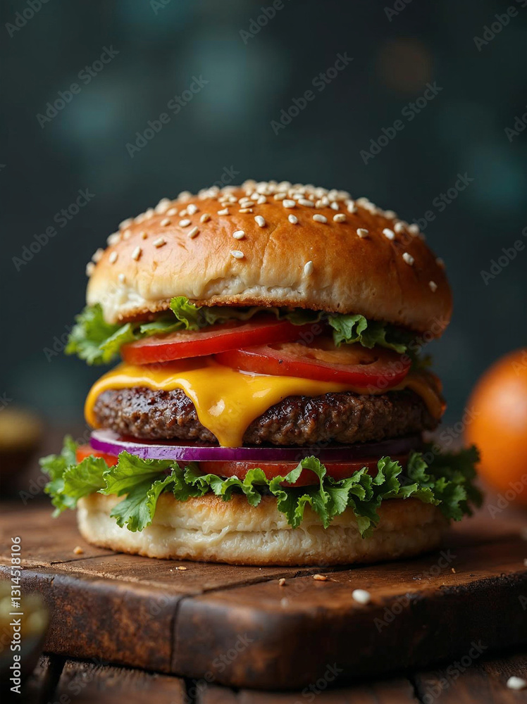 Juicy crafted hamburger on a rustic wooden background good quality of foodtrucks and fastfood