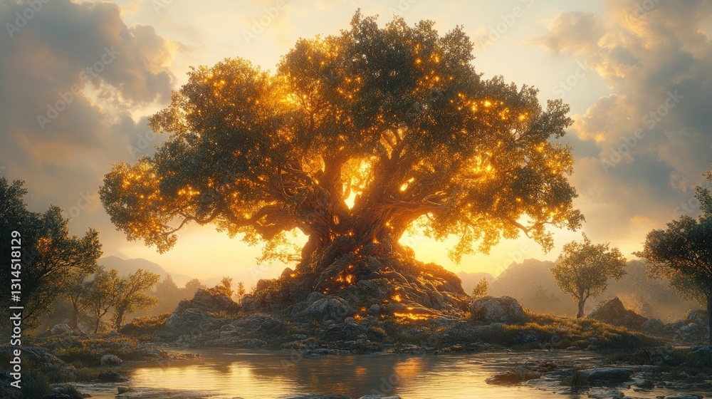 Obraz premium Golden Hour Majesty: A Timeless Ancient Tree at Sunset