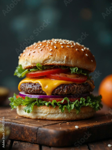 Obraz na płótnie Juicy crafted hamburger on a rustic wooden background good quality of foodtrucks and fastfood w salonie