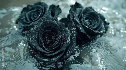 Dark Black Roses Floating on Water with Gentle Ripples and Bubbles