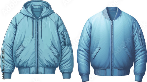 Blue Color Bomber jacket sketch fashion drawing illustration Vector Design.