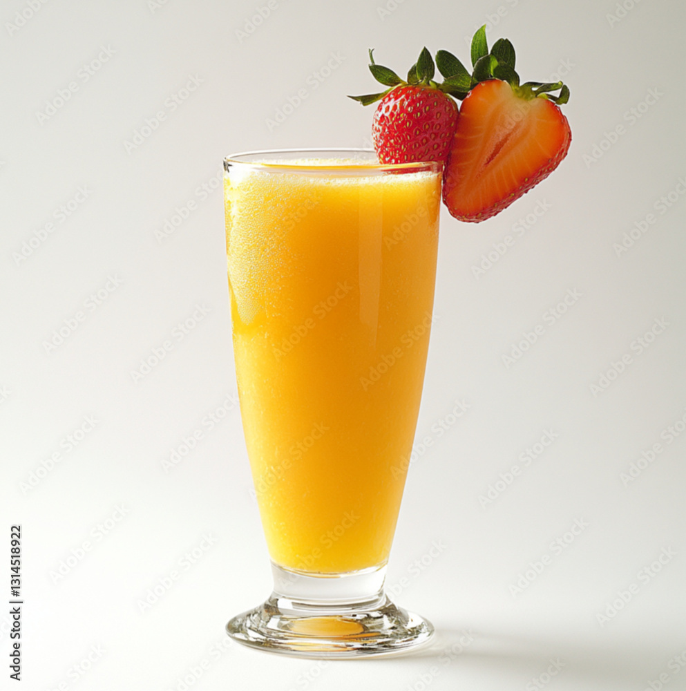 Isolated mango juice on a tall glass, with strawberry granish on white background Isolated mango juice on a tall glass, with strawberry granish on white background
