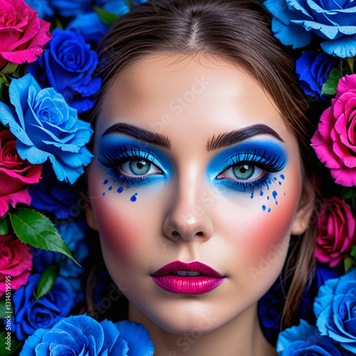 Wallpaper Mural the face of a young woman in close-up with makeup in blue tones Torontodigital.ca