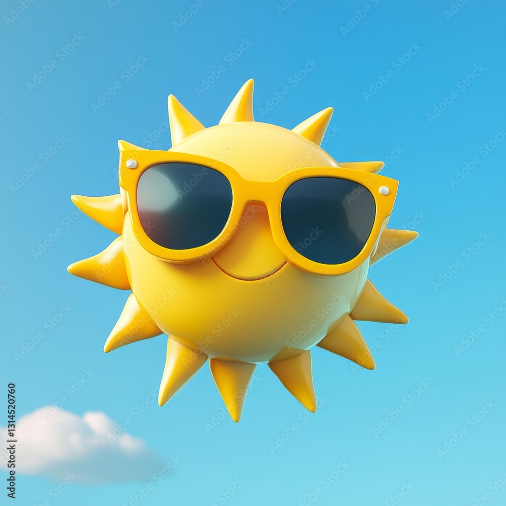 Cute 3D Floating Sun with Trendy Sunglasses in a Bright Sky Cute 3D Floating Sun with Trendy Sunglasses in a Bright Sky