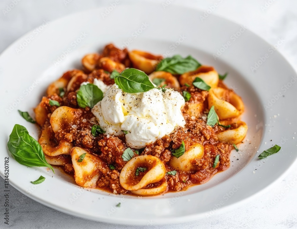 Italian pasta dish with meat sauce, fresh mozzarella, and basil on a white plate Italian pasta dish with meat sauce, fresh mozzarella, and basil on a white plate