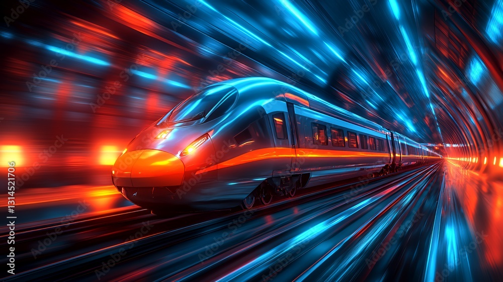 High-speed Train Traveling Through a Futuristic Tunnel Illuminated by Vibrant Blue and Orange Lights High-speed Train Traveling Through a Futuristic Tunnel Illuminated by Vibrant Blue and Orange Lights