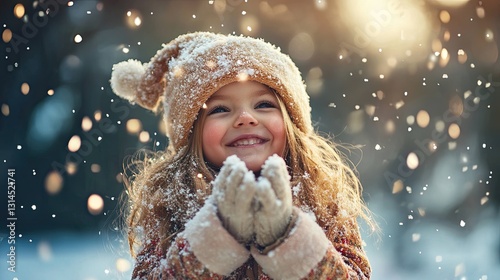 Happy Little Girl Playing in the Snow, Winter Wonderland