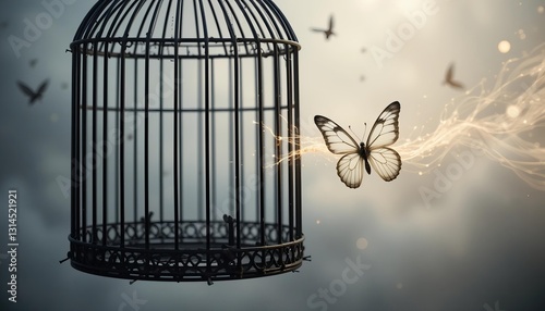 Caged vs. Free: A butterfly emerging from an open birdcage, symbolizing freedom from mental struggles