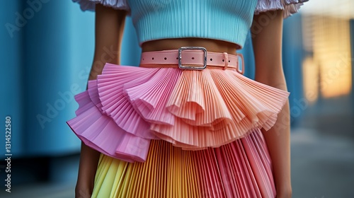 Colorful Pleated Skirt With Ruffled Layers Showcased in a Vibrant Urban Setting During Golden Hour